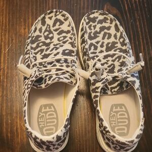 Hey Dude Womens Leopard-Print Slip-On Sneakers in Beige and Brown